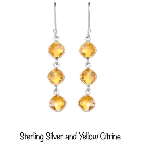 Triple Drop Cushion Cut Golden Citrine and Sterling Silver Earrings NWT - Picture 1 of 8